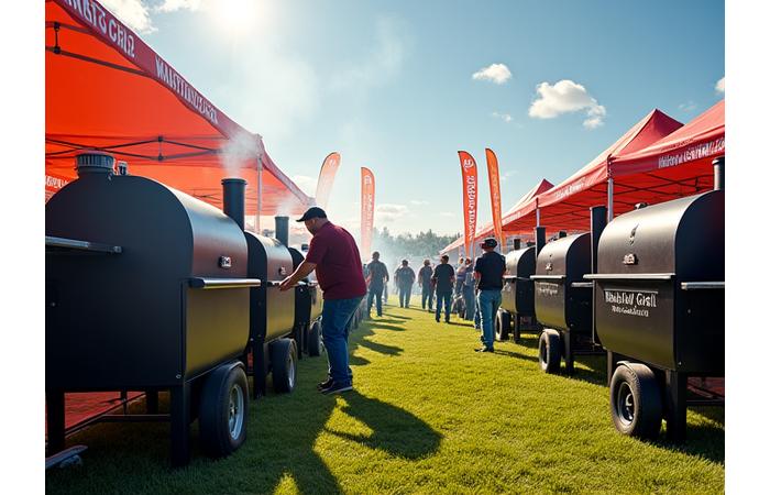 A Master Your Grill team banner visible at a busy BBQ competition, with various smokers and people in the background.