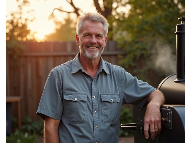 Founder John Lewis beside his original offset smoker in his backyard, smoke gently rising.