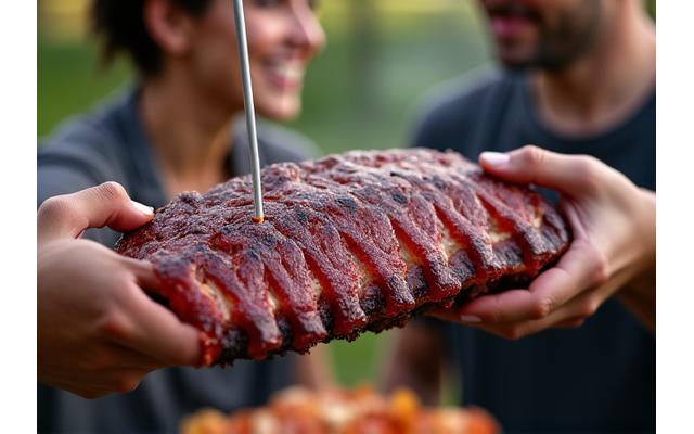 A satisfied customer enjoying perfectly smoked ribs, holding a thermometer in the meat, with a slight smile.