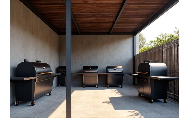 Multiple large smokers of different types (offset, pellet, kamado) in a clean, outdoor testing bay.