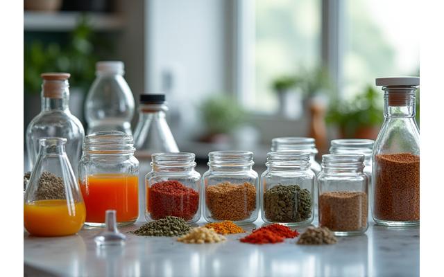 A clean, well-organized laboratory counter with various spice jars, mixing bowls, and measurement tools.