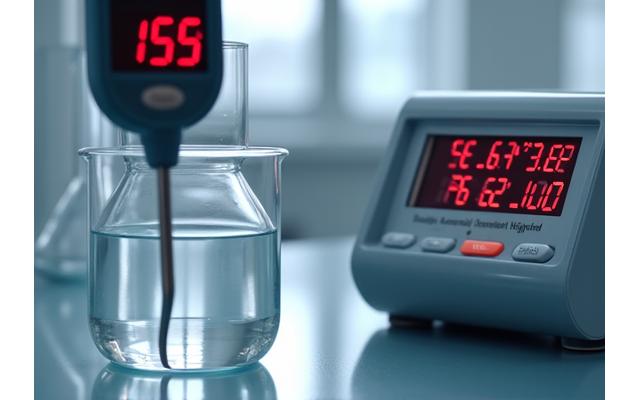 Close-up of a high-precision thermometer being calibrated against a known standard in a temperature-controlled environment.