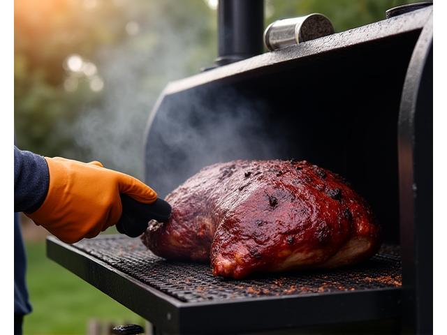 Smoke billows from a large offset smoker with a perfect brisket inside
