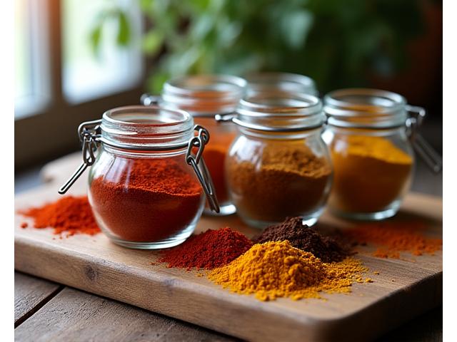 Various spice jars filled with colorful BBQ rubs, with a measuring spoon