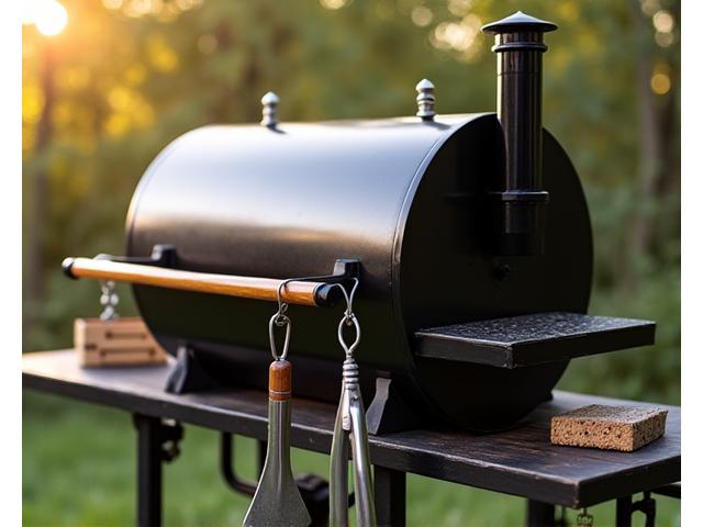 A clean and well-maintained smoker grill, with grilling tools neatly arranged