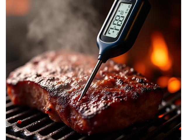 A digital meat thermometer probe inserted into a cut of smoked meat, showing temperature reading