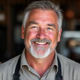 Portrait of John 'Smokin' Davis, a renowned pitmaster, smiling slightly