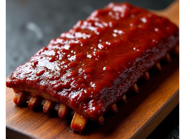 A rack of perfectly smoked competition-style ribs, glistening with sauce