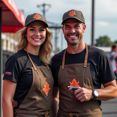 Team Blaze and Glory, Sarah and Mark, smiling beside their competition smoker