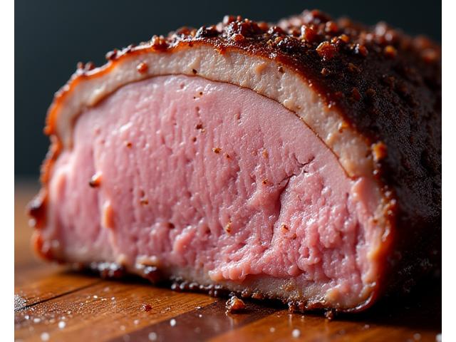 Close-up of layers of spice rub and smoke ring on a perfectly sliced smoked pork butt