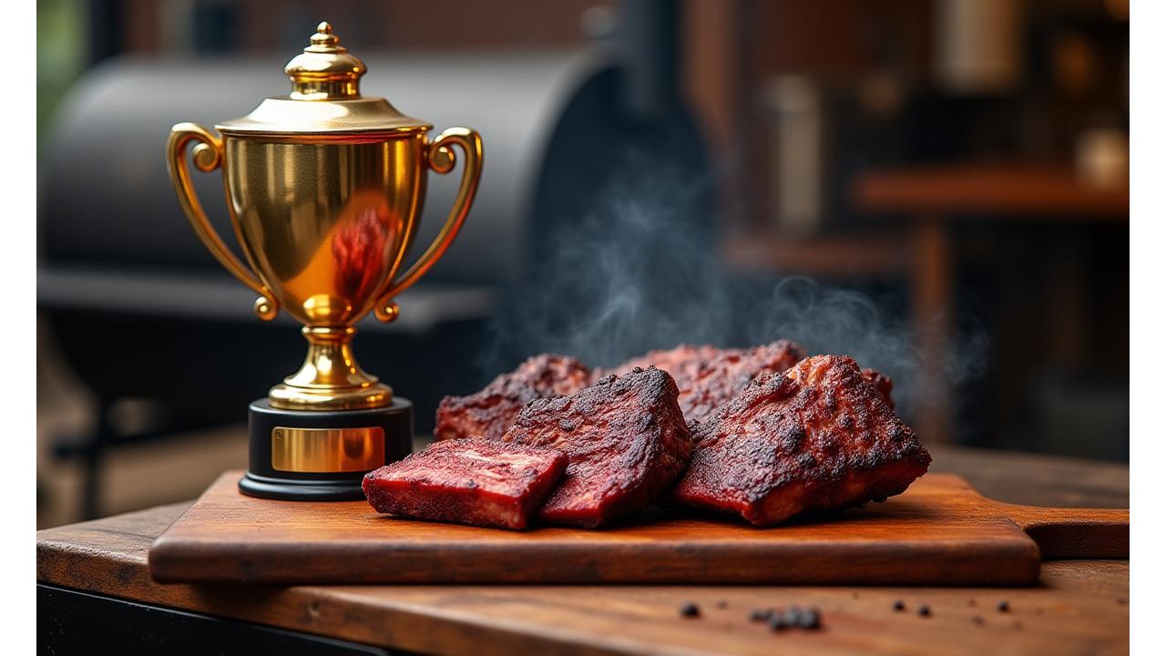 Championship BBQ trophy with perfectly smoked brisket and ribs on a wood cutting board, surrounded by smoke and scattered wood chips