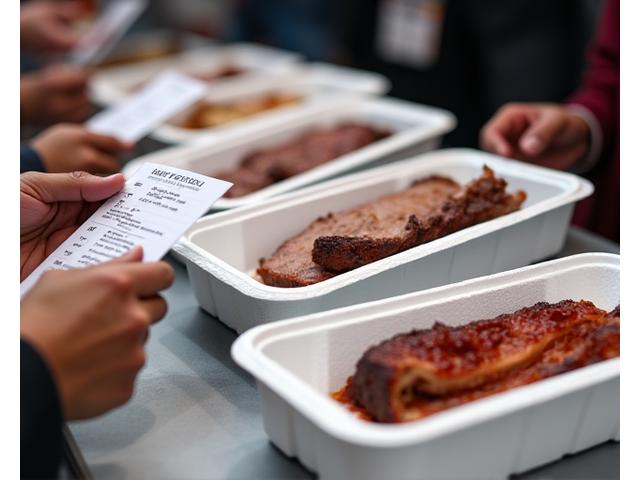 Close-up of judges' hands holding scorecards and examining BBQ entries at a competition table