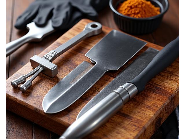 Collection of professional BBQ prep tools including an injector, sharp knife, and gloves on a butcher block