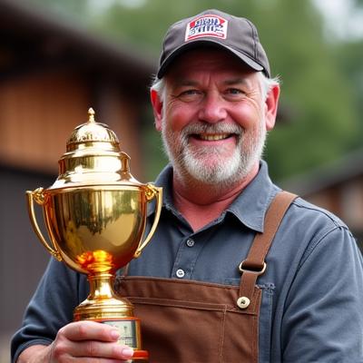Portrait of Pitmaster Smoky Joe holding a champion trophy