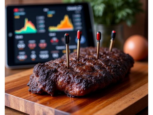 Digital meat thermometer probes inserted into a smoking brisket with a complex temperature chart overlay