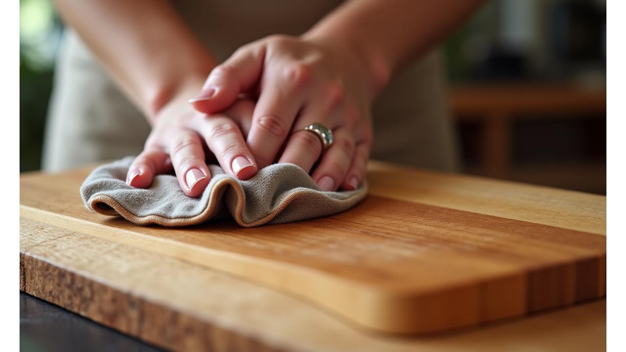 Hands applying food-grade mineral oil to a wooden cutting board, showing proper care and maintenance.