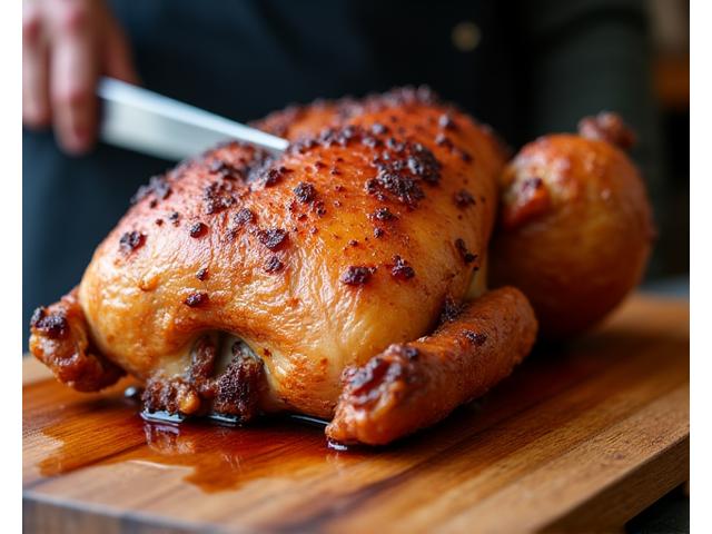 Golden brown smoked chicken being carved on a wooden board with deep juice grooves.