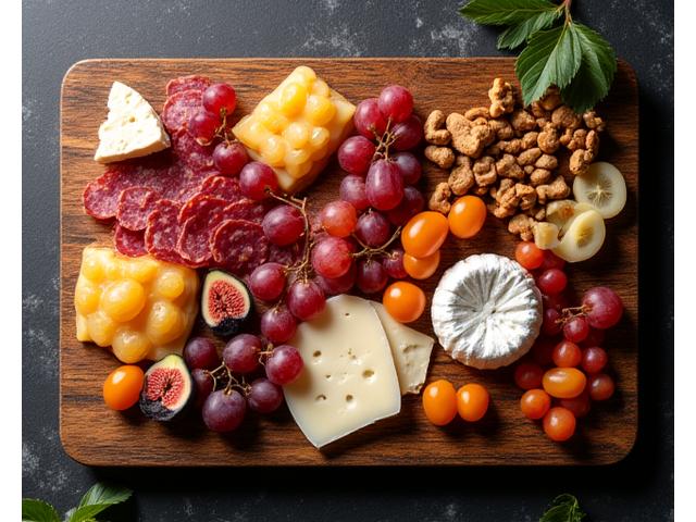 Elegant charcuterie board with assorted cheeses, cured meats, fruits, and nuts.