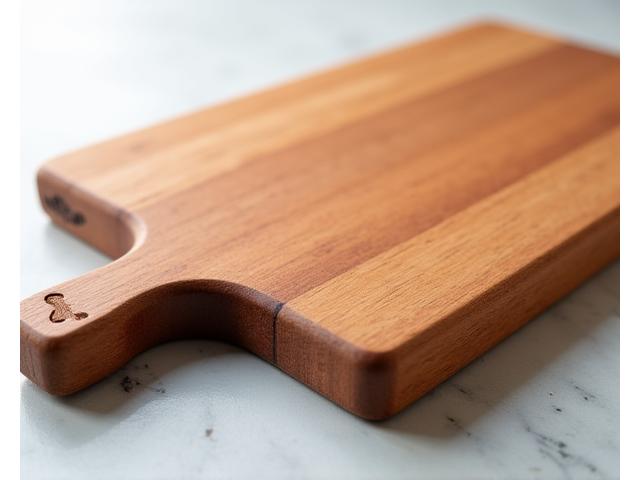 Beautiful cherry wood carving board with a prominent juice groove and smooth handles.