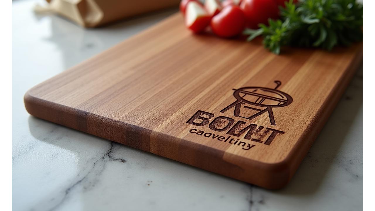 Wooden cutting board with a custom engraved family name and grill logo, presented as a gift.