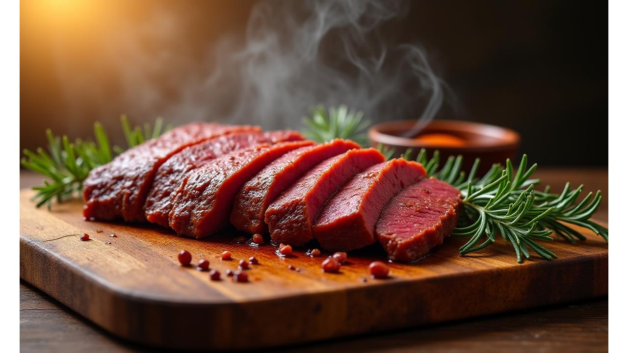 Artisan cutting board with perfectly sliced smoked brisket arranged beautifully, surrounded by fresh herbs.