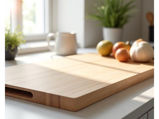 Large maple wood prep station cutting board on a kitchen counter, ready for use.