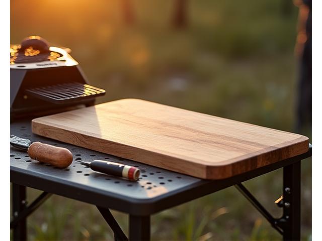 Compact wooden cutting board perfect for camping or tailgating, next to a portable grill.