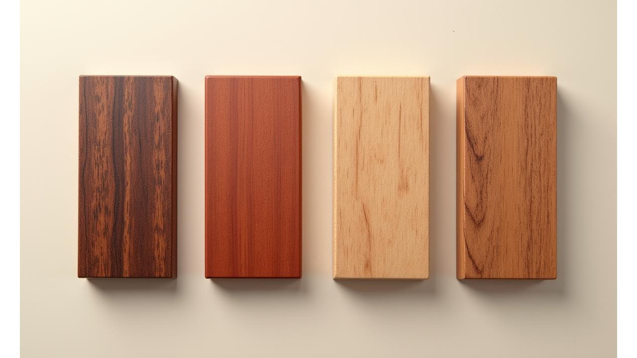 Close-up comparison of different wood samples: walnut, cherry, maple, and teak, showing their unique grains and colors.