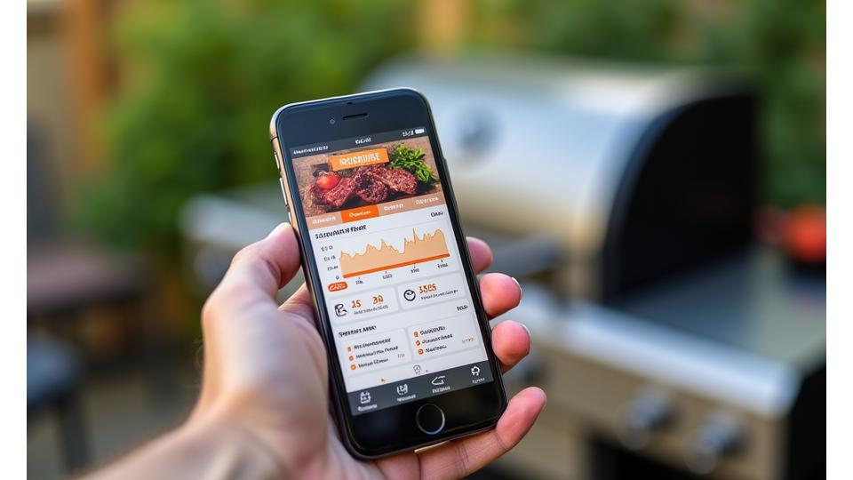 A smartphone displaying a detailed grilling app interface with real-time temperature graphs, cook time estimation, and controls for a smart smoker