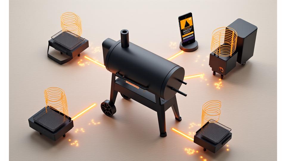 Diagram illustrating interconnected smart grilling devices: Wi-Fi smoker, Bluetooth thermometer, smart pellet feeder, and a mobile app, showing data flow between them