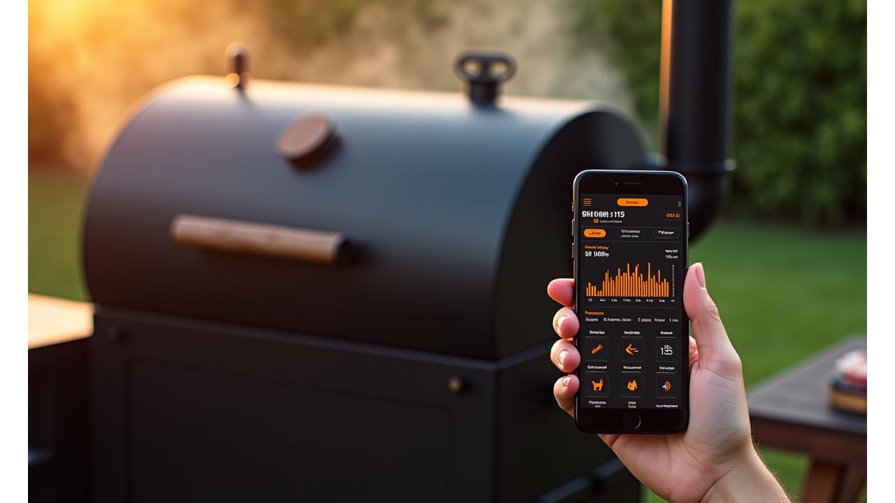 Close-up of a sleek, modern Wi-Fi enabled smoker with a smartphone displaying a grilling app interface, showing real-time temperature data