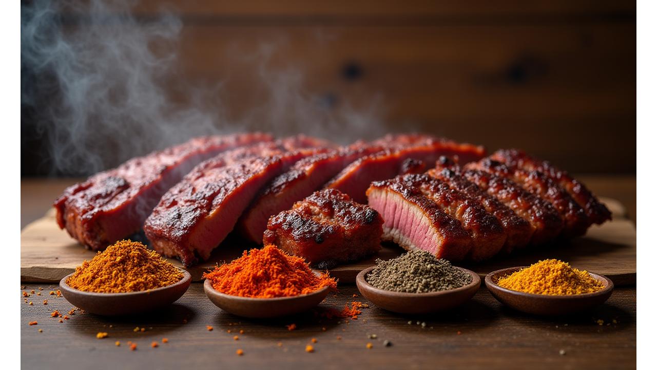 Assortment of colorful grill spices and rubs on perfectly seasoned brisket and ribs