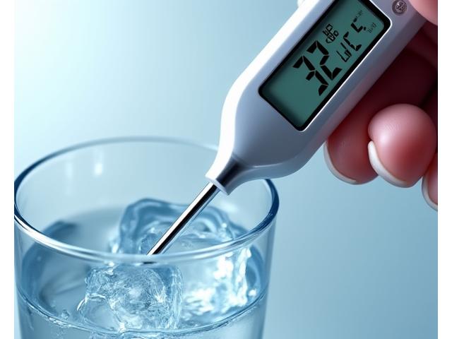 A hand holding a thermometer probe being calibrated in an ice bath, demonstrating a precision test.