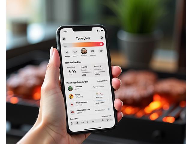 Close-up of a smartphone screen displaying a sophisticated grilling app showing real-time temperature graphs, estimated cook time, and various alert settings.
