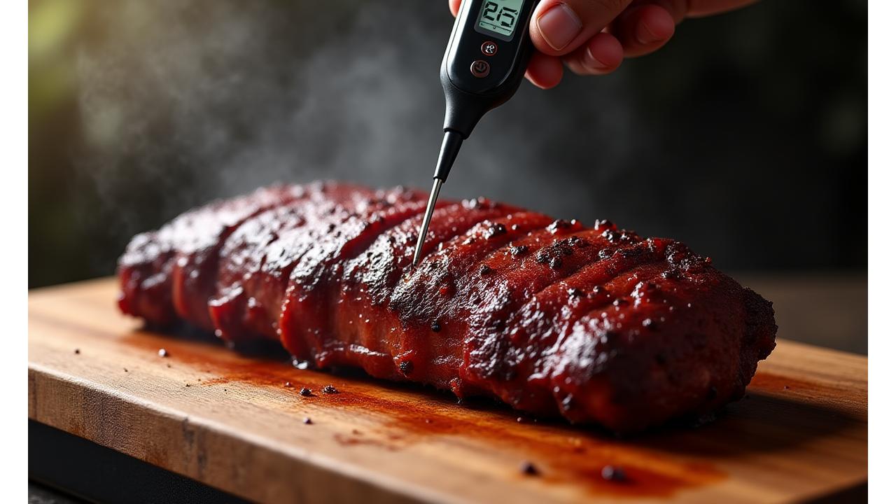 Wireless meat thermometer monitoring a perfectly smoked brisket on a wooden cutting board, surrounded by smoke and rich mahogany hues.