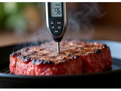 An instant-read digital meat thermometer inserted into a perfectly grilled steak, showing a precise temperature reading.