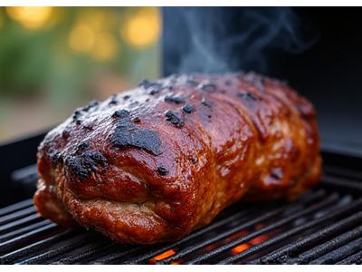 A wireless meat thermometer probe inserted into a large cut of smoking meat on a grill, with a receiver unit next to it.